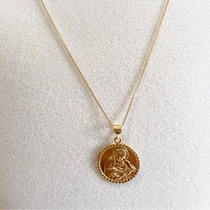 18k Real Solid Gold Mother Mary and Child Necklace